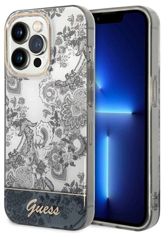 Guess GUHCP14XHGPLHG Apple iPhone 14 Pro Max 6,7″ pilkas kietas dėklas Porcelain Collection