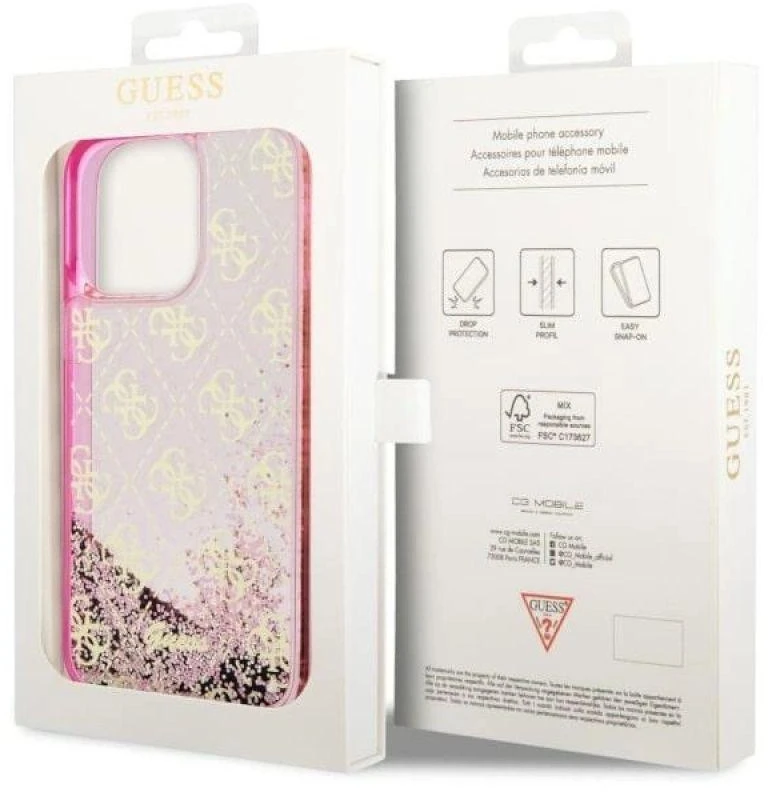 Guess GUHCP14XLC4PSGP Apple iPhone 14 Pro Max 6.7″ rožinės spalvos kietas dėklas Liquid Glitter 4G Transculent