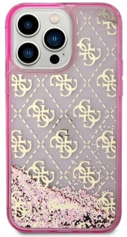 Guess GUHCP14XLC4PSGP Apple iPhone 14 Pro Max 6.7″ rožinės spalvos kietas dėklas Liquid Glitter 4G Transculent
