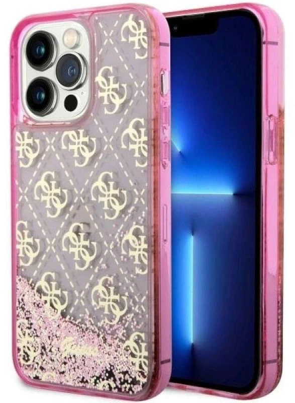 Guess GUHCP14XLC4PSGP Apple iPhone 14 Pro Max 6.7″ rožinės spalvos kietas dėklas Liquid Glitter 4G Transculent