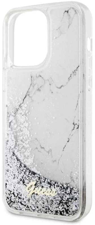 Guess GUHCP14XLCSGSGH Apple iPhone 14 Pro Max 6.7″ baltos spalvos kietas dėklas Liquid Glitter Marble