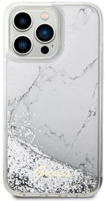 Guess GUHCP14XLCSGSGH Apple iPhone 14 Pro Max 6.7″ baltos spalvos kietas dėklas Liquid Glitter Marble
