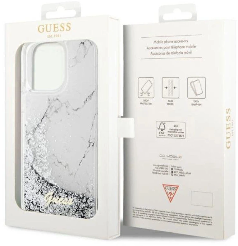 Guess GUHCP14XLCSGSGH Apple iPhone 14 Pro Max 6.7″ baltos spalvos kietas dėklas Liquid Glitter Marble