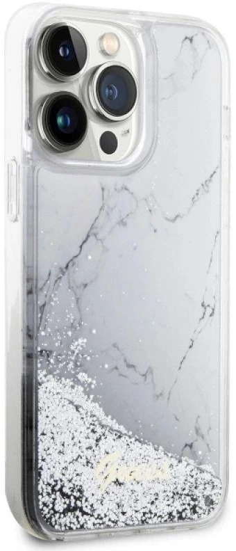 Guess GUHCP14XLCSGSGH Apple iPhone 14 Pro Max 6.7″ baltos spalvos kietas dėklas Liquid Glitter Marble