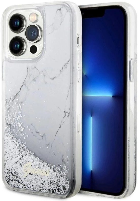 Guess GUHCP14XLCSGSGH Apple iPhone 14 Pro Max 6.7″ baltos spalvos kietas dėklas Liquid Glitter Marble