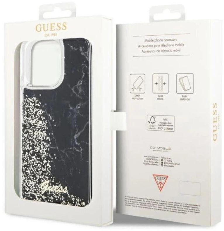 Guess GUHCP14XLCSGSGK Apple iPhone 14 Pro Max 6.7″ juodos spalvos kietas dėklas Liquid Glitter Marble