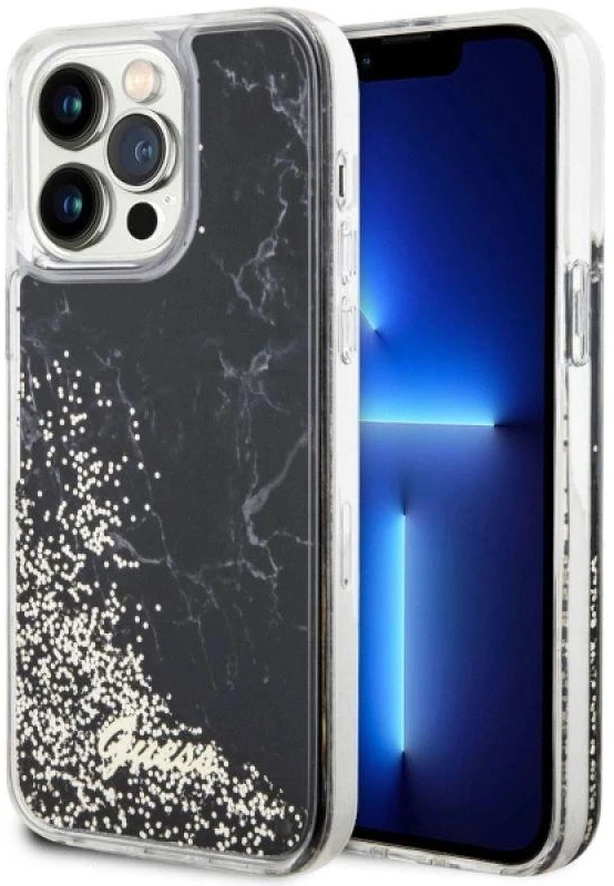 Guess GUHCP14XLCSGSGK Apple iPhone 14 Pro Max 6.7″ juodos spalvos kietas dėklas Liquid Glitter Marble