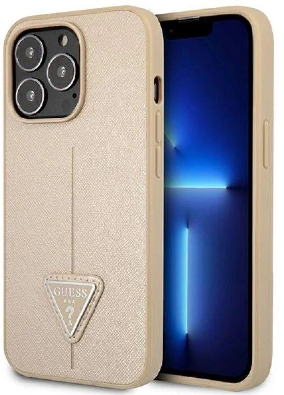 Guess GUHCP14XPSATLE Apple iPhone 14 Pro Max 6,7″ beige kietas dėklas SaffianoTriangle Logo