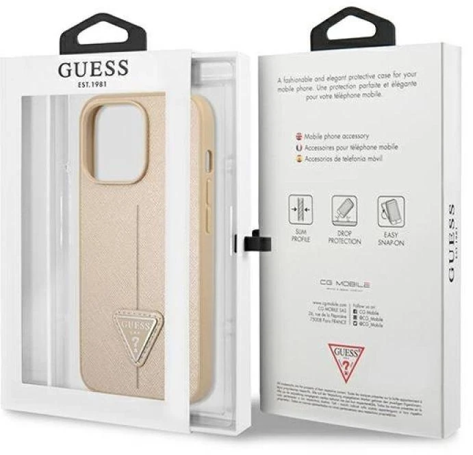 Guess GUHCP14XPSATLE Apple iPhone 14 Pro Max 6,7″ beige kietas dėklas SaffianoTriangle Logo