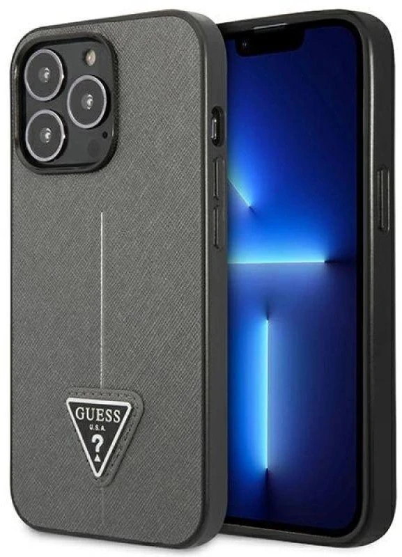 Guess GUHCP14XPSATLG Apple iPhone 14 Pro Max 6,7″ sidabrinis kietas dėklas SaffianoTriangle Logo