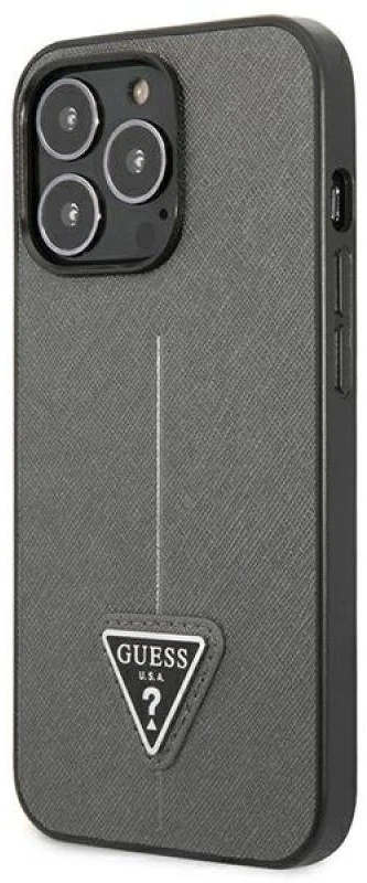 Guess GUHCP14XPSATLG Apple iPhone 14 Pro Max 6,7″ sidabrinis kietas dėklas SaffianoTriangle Logo