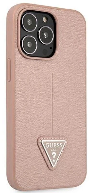 Guess GUHCP14XPSATLP Apple iPhone 14 Pro Max 6,7″ rožinės spalvos kietas dėklas SaffianoTriangle Logo