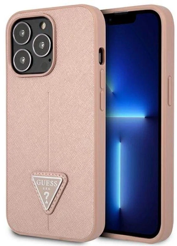 Guess GUHCP14XPSATLP Apple iPhone 14 Pro Max 6,7″ rožinės spalvos kietas dėklas SaffianoTriangle Logo
