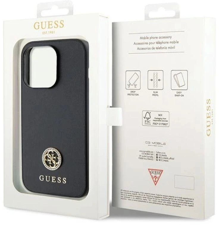 Dėklas GUESS GUHCP15LPS4DGPK IPHONE 15 PRO 6.1 "Juodas/Juodas HARDCASE STRASS METAL LOGO