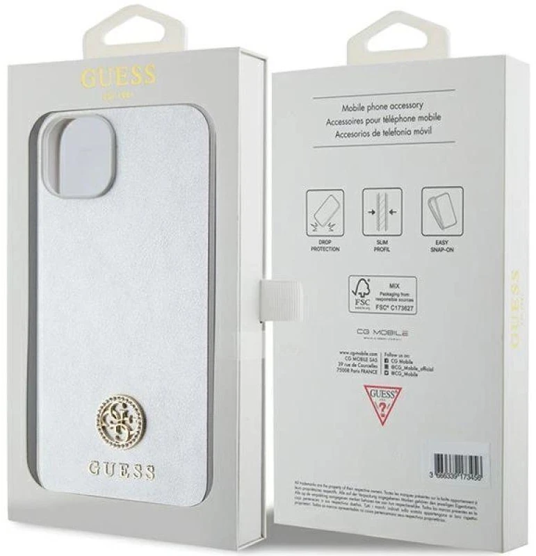 Guess dėklas, skirtas iPhone 15 Plus 6,7 GUHCP15MPS4DGPS sidabrinis HC PU 4G Metal Logo Strass