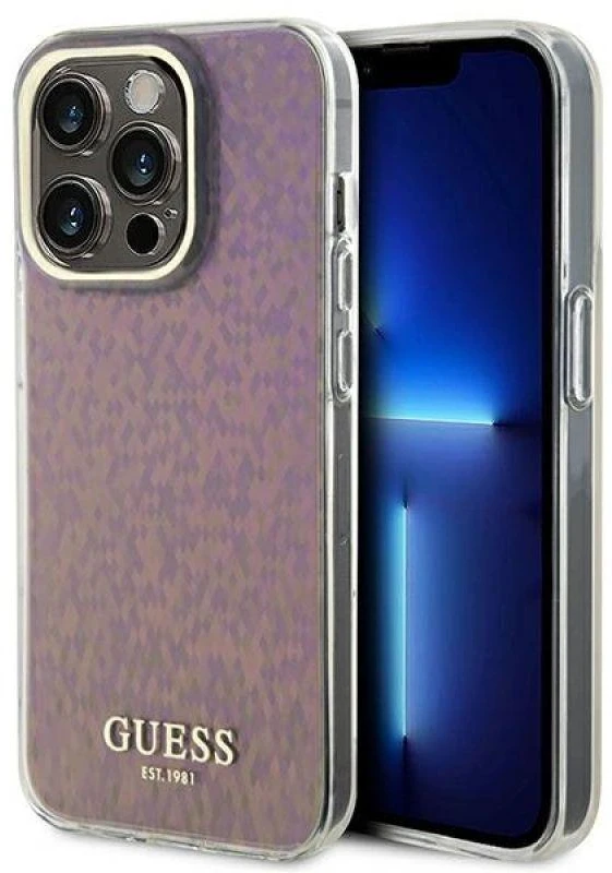 Guess GUHCP15XHDECMP Apple iPhone 15 Pro Max 6.7″rožinės spalvos kietas dėklas IML Faceted Mirror Disco Iridescent