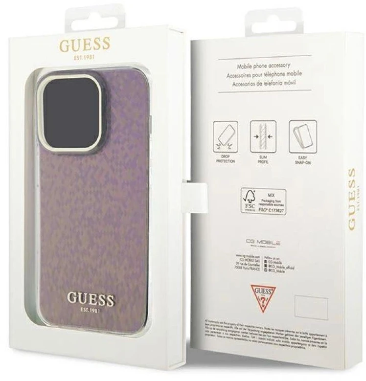 Guess GUHCP15XHDECMP Apple iPhone 15 Pro Max 6.7″rožinės spalvos kietas dėklas IML Faceted Mirror Disco Iridescent