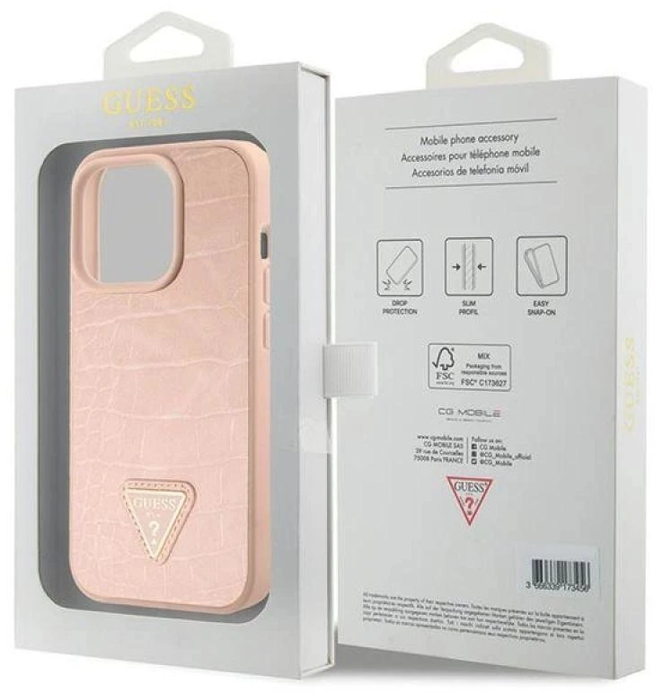 Dėklas GUESS GUHCP15XPCRTHCP IPHONE 15 PRO MAX Rožinis/Rožinis HARDCASE CROCO TRIANGLE METAL LOGO