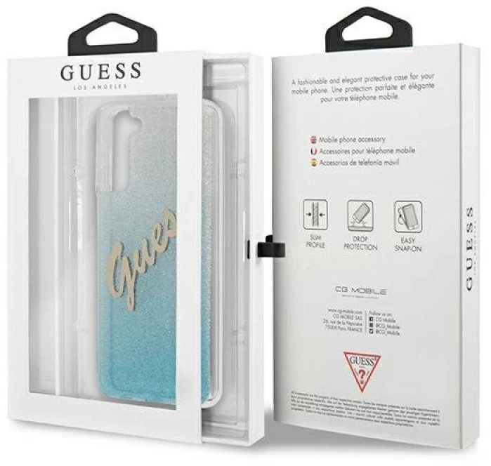 Dėklas GUESS HARD CASE GLITTER GRADIENT SCRIPT SAMSUNG GALAXY S21 PLUS Mėlynas
