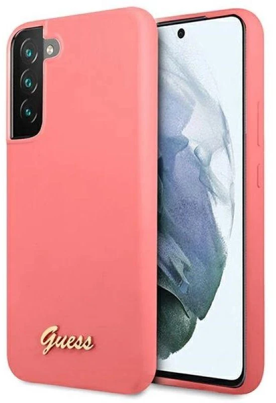 Guess GUHCS22MLSLMGFU S22+ S906 fuchsia kietas dėklas Silicone Script Metal Logo