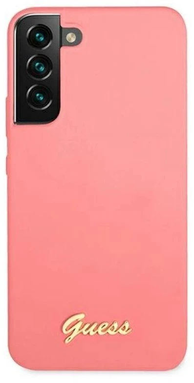 Guess GUHCS22MLSLMGFU S22+ S906 fuchsia kietas dėklas Silicone Script Metal Logo