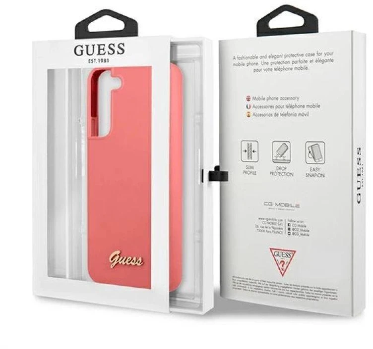 Guess GUHCS22MLSLMGFU S22+ S906 fuchsia kietas dėklas Silicone Script Metal Logo