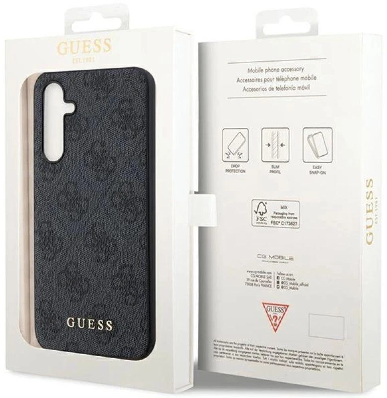 Guess GUHCS23FEG4GFGR S23 FE S711 pilkas kietas dėklas 4G Metal Gold Logo