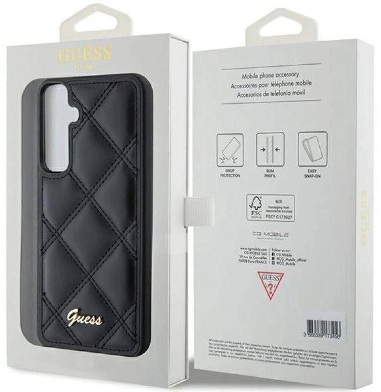 Guess GUHCS23FEPSQSQSK S23 FE S711 juodos spalvos kietas dėklas Quilted Metal Logo