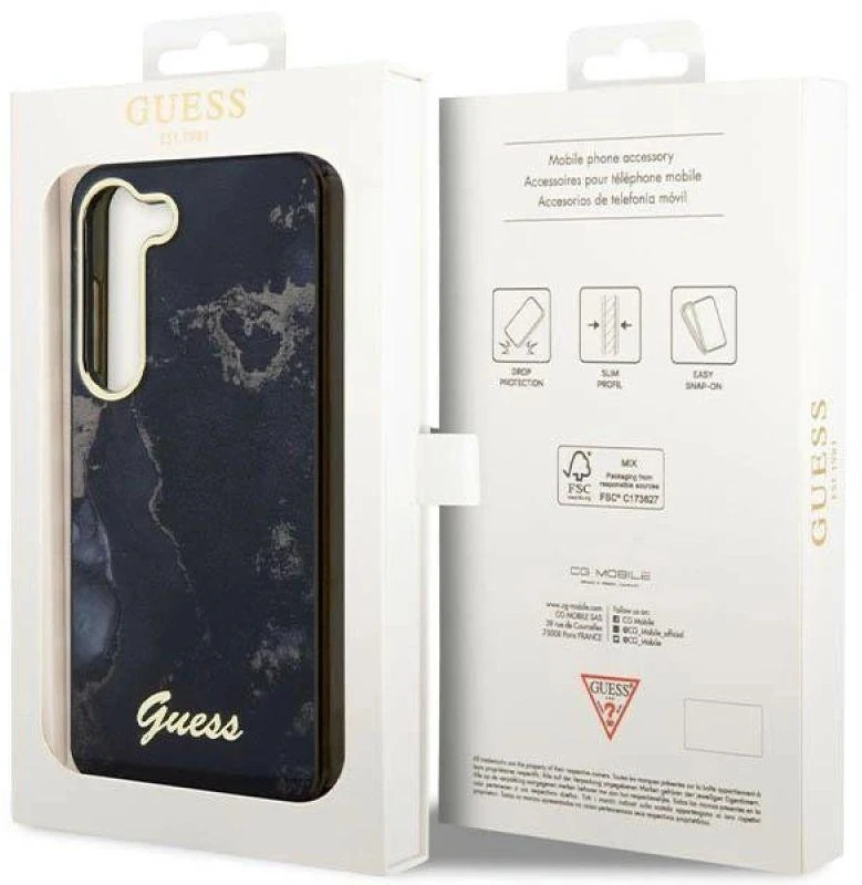 Guess GUHCS23MHTMRSK S23+ S916 juodos spalvos kietas dėklas Golden Marble Collection
