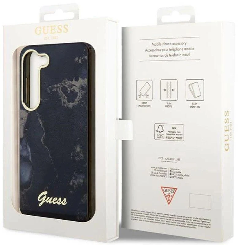 Guess GUHCS23MHTMRSK S23+ S916 juodos spalvos kietas dėklas Golden Marble Collection