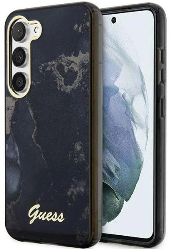 Guess GUHCS23MHTMRSK S23+ S916 juodos spalvos kietas dėklas Golden Marble Collection