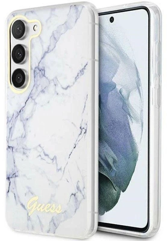 Guess telefono dėklas, skirtas Samsung Galaxy S23 Plus GUHCS23MPCUMAH baltos spalvos HC PU/TPU Marble