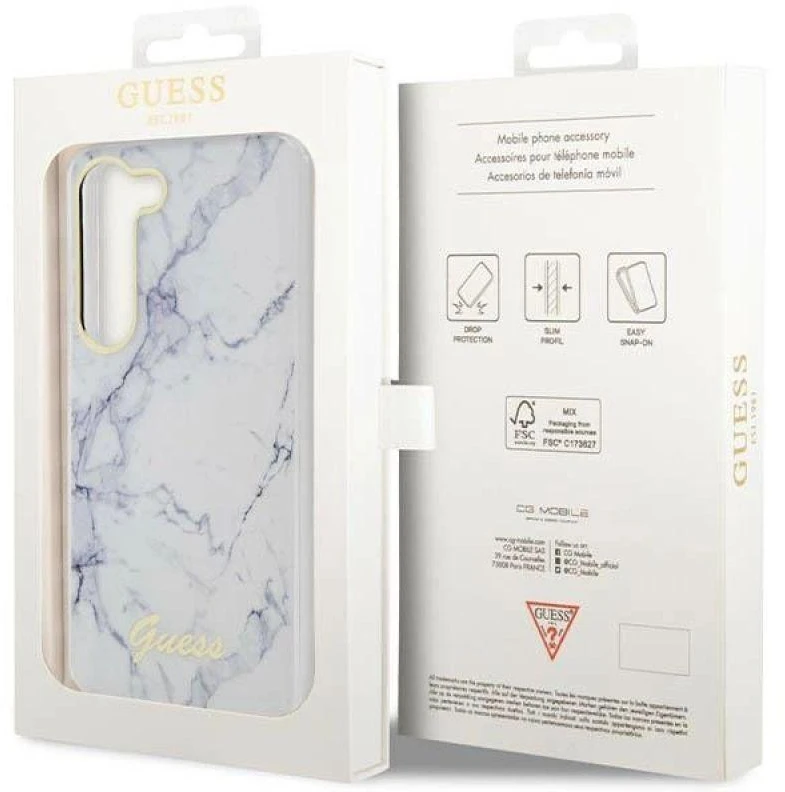 Guess telefono dėklas, skirtas Samsung Galaxy S23 Plus GUHCS23MPCUMAH baltos spalvos HC PU/TPU Marble
