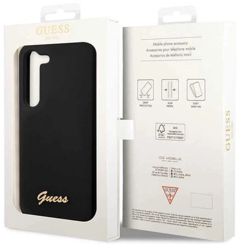 Guess GUHCS23MSLSMK S23+ S916 juodos spalvos kietas dėklas Silicone Vintage Gold Logo