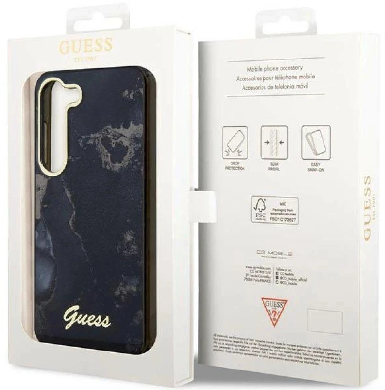 Guess GUHCS23SHTMRSK S23 S911 juodos spalvos kietas dėklas Golden Marble Collection