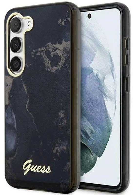 Guess GUHCS23SHTMRSK S23 S911 juodos spalvos kietas dėklas Golden Marble Collection
