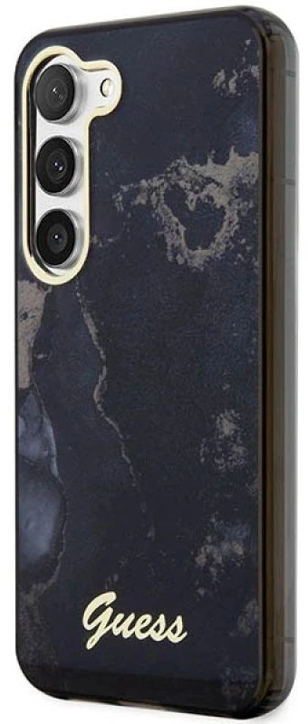 Guess GUHCS23SHTMRSK S23 S911 juodos spalvos kietas dėklas Golden Marble Collection