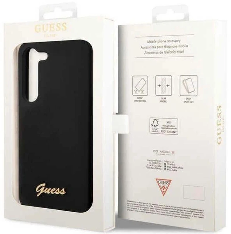 Guess GUHCS23SSLSMK S23 S911 juodos spalvos kietas dėklas Silicone Vintage Gold Logo