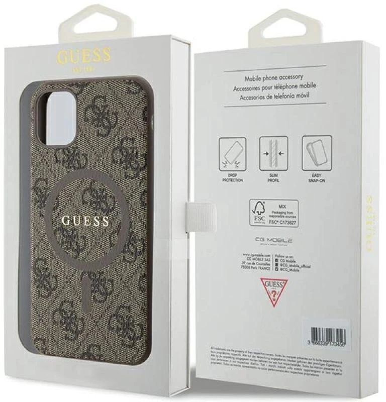 Dėklas GUESS GUHMN61G4GFRW IPHONE 11 6.1 " / XR BROWN / BROWN HARDCASE 4G COLLECTION LEATHER METAL LOGO MAGSAFE