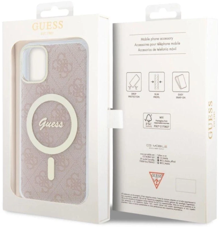 Guess GUHMN61H4STP Apple iPhone 11 6.1″ rožinės spalvos kietas dėklas 4G MagSafe