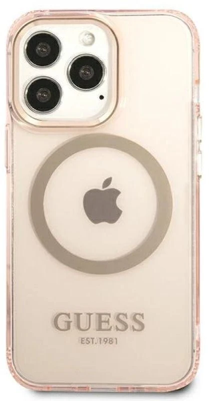 Guess GUHMP13LHTCMP Apple iPhone 13 Pro / 13 6,1″ rožinės spalvos kietas dėklas Gold Outline Translucent MagSafe