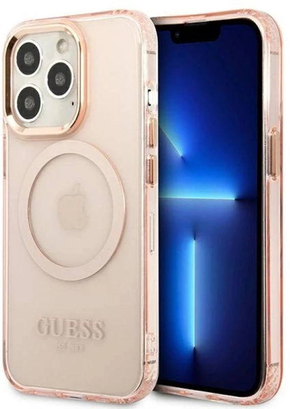 Guess GUHMP13LHTCMP Apple iPhone 13 Pro / 13 6,1″ rožinės spalvos kietas dėklas Gold Outline Translucent MagSafe