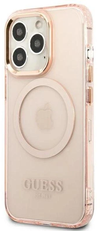 Guess GUHMP13LHTCMP Apple iPhone 13 Pro / 13 6,1″ rožinės spalvos kietas dėklas Gold Outline Translucent MagSafe