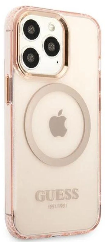 Guess GUHMP13LHTCMP Apple iPhone 13 Pro / 13 6,1″ rožinės spalvos kietas dėklas Gold Outline Translucent MagSafe