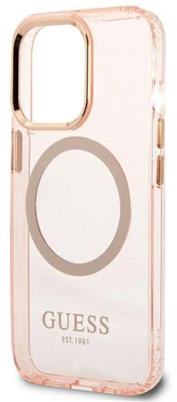 Guess GUHMP13LHTCMP Apple iPhone 13 Pro / 13 6,1″ rožinės spalvos kietas dėklas Gold Outline Translucent MagSafe