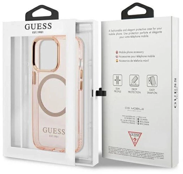 Guess GUHMP13LHTCMP Apple iPhone 13 Pro / 13 6,1″ rožinės spalvos kietas dėklas Gold Outline Translucent MagSafe