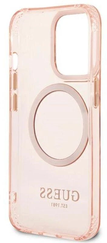 Guess GUHMP13LHTCMP Apple iPhone 13 Pro / 13 6,1″ rožinės spalvos kietas dėklas Gold Outline Translucent MagSafe
