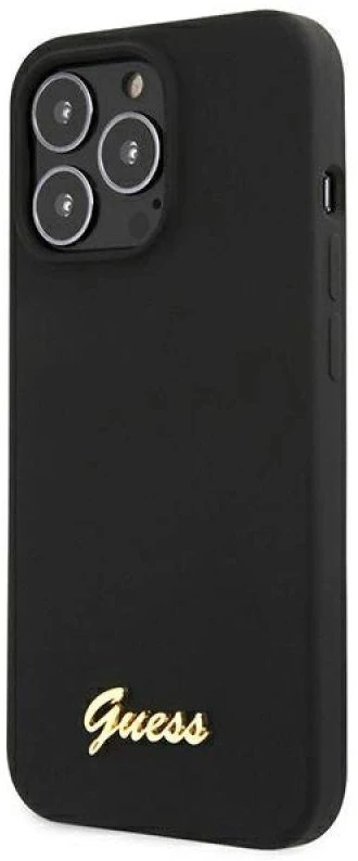 Guess GUHMP13LLSLMGBK Apple iPhone 13 Pro / 13 6,1″ juodos spalvos kietas dėklas Silicone Script Gold Logo MagSafe