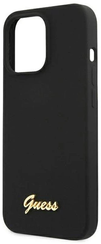 Guess GUHMP13LLSLMGBK Apple iPhone 13 Pro / 13 6,1″ juodos spalvos kietas dėklas Silicone Script Gold Logo MagSafe
