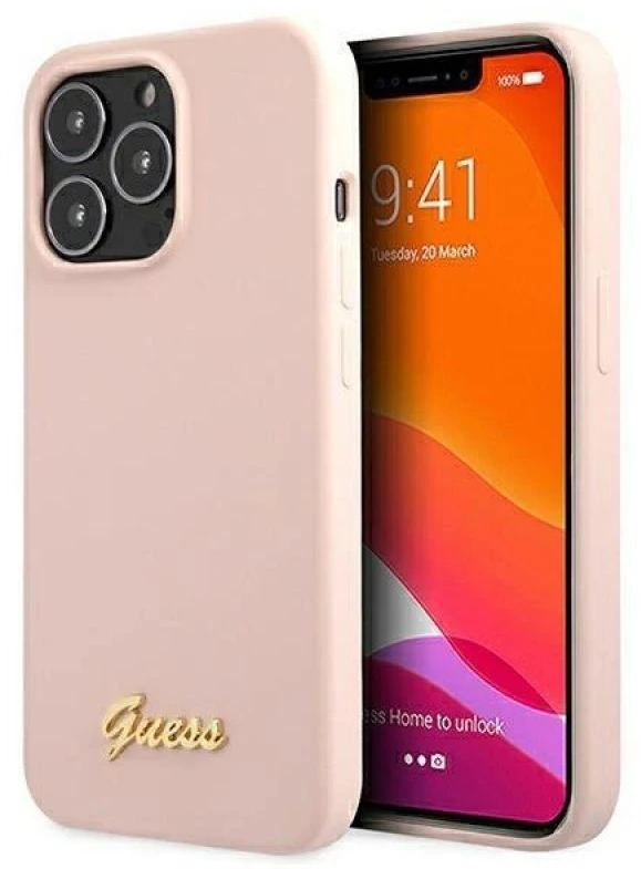 Guess dėklas iPhone 13 Pro / 13 6,1 GUHMP13LLLSLMGLP šviesiai rožinės spalvos kietasis dėklas Silikoninis Script Gold Logo Magsafe